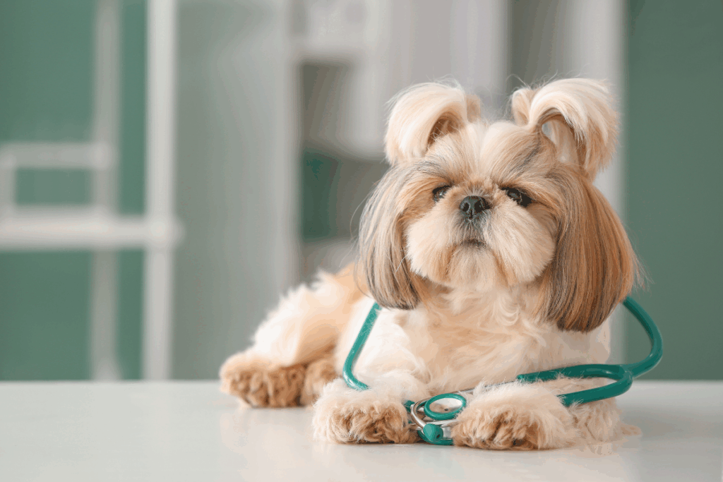 Dog wearing a stethoscope during internal medicine for dogs and cats monitoring