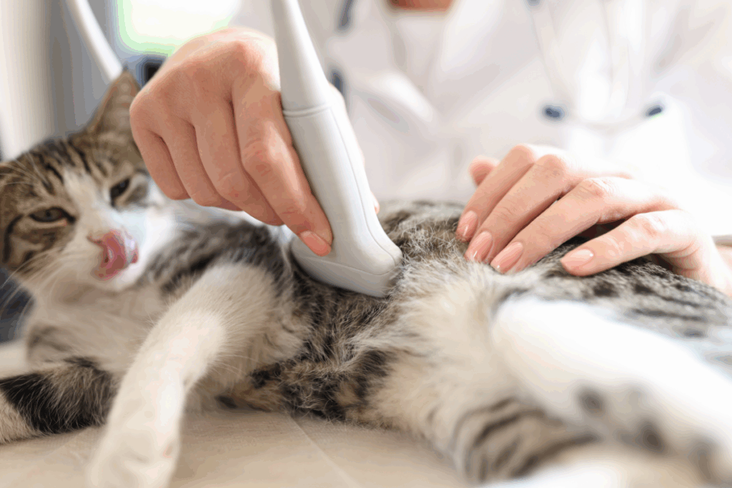 Veterinarian performing diagnostic ultrasound as part of diagnostic imaging for pets