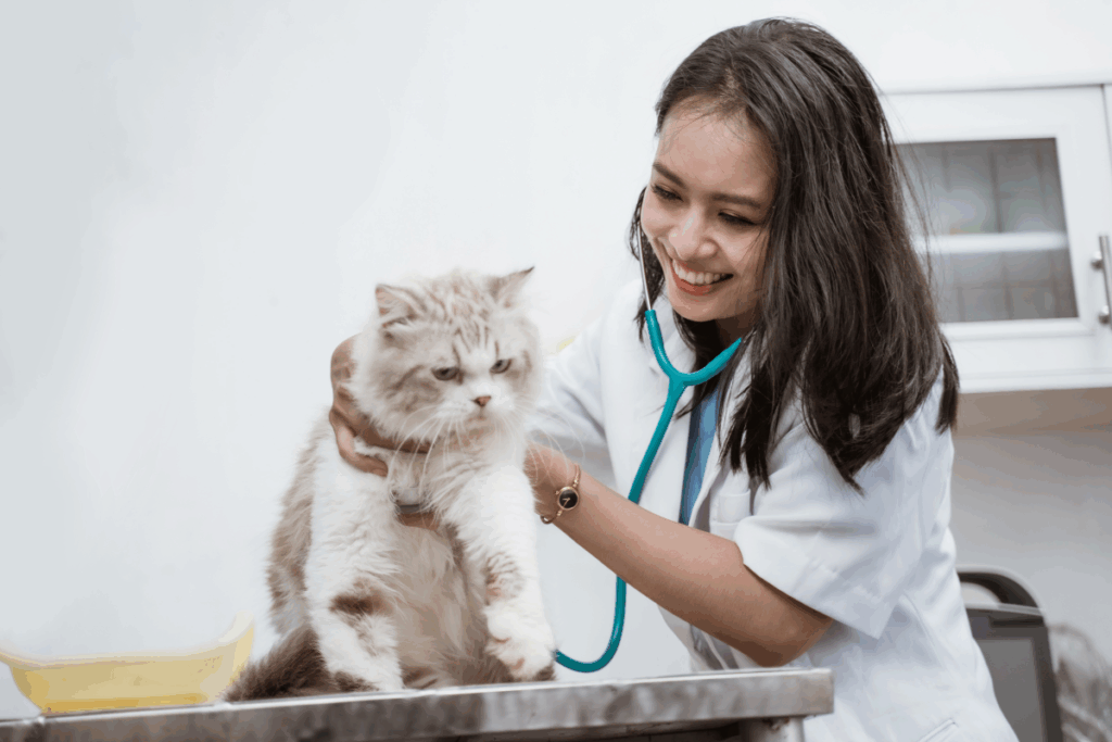 Veterinarian examining a cat during diagnostic imaging for pets