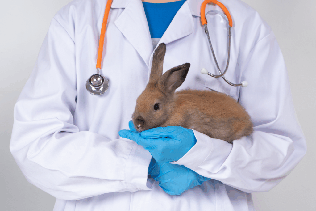 Veterinarian in Boerne, TX gently holding a rabbit during a small pet wellness exam