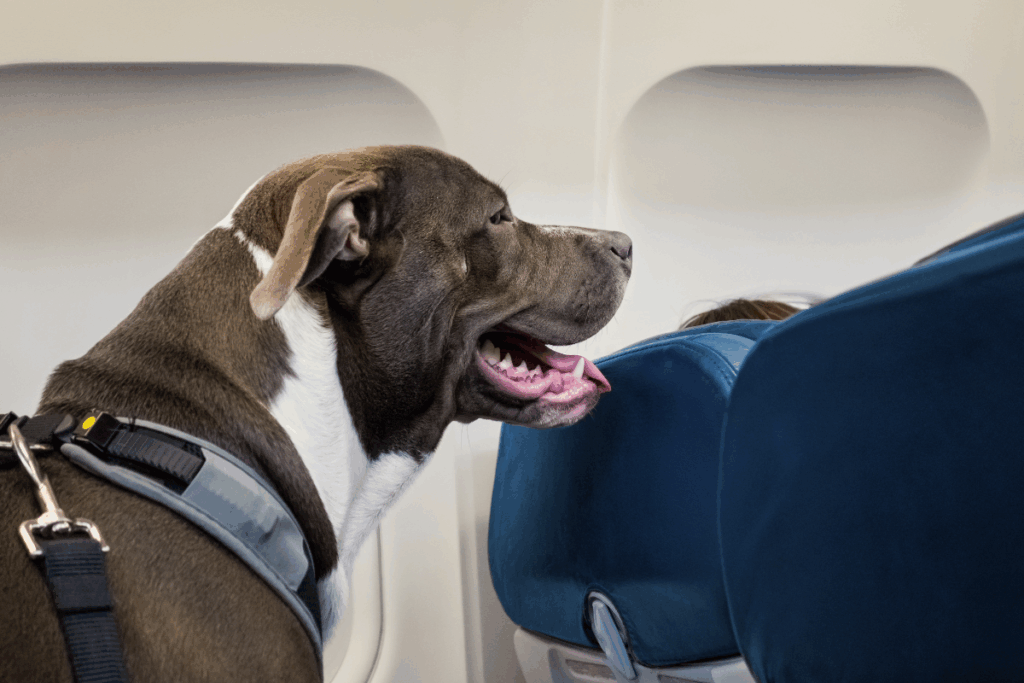 Dog traveling on an airplane after receiving pet health certificates in San Antonio for approved travel