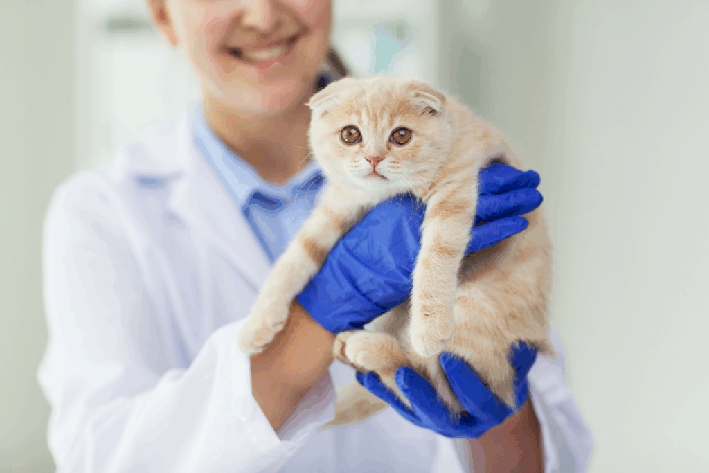 Veterinarian holding a kitten during an internal medicine for dogs and cats exam