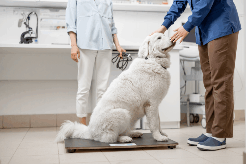 Veterinarian weighing a dog during an internal medicine for dogs and cats evaluation