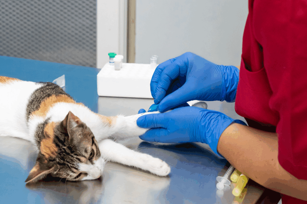 Veterinarian drawing blood from a cat for Platelet Rich Plasma for Dogs and cats treatment