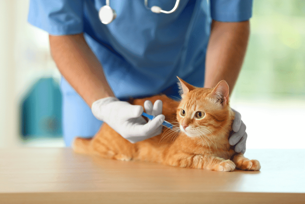 Cat receiving routine pet vaccinations in San Antonio from a veterinarian