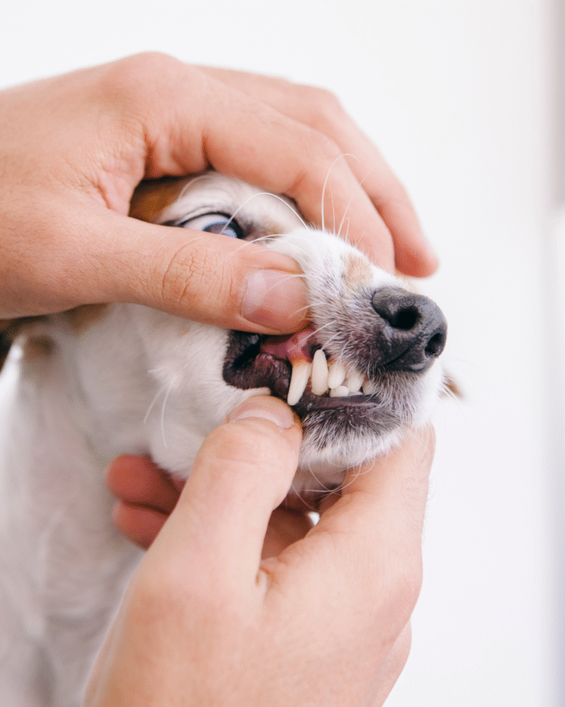 Veterinarian examining a dog’s teeth as part of dental cleaning for dogs to assess oral health and gum condition