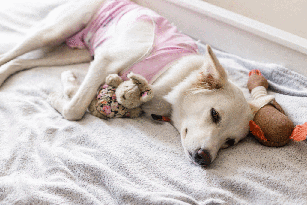Dog resting after spay and neuter in san antonio texas wearing a surgical recovery suit