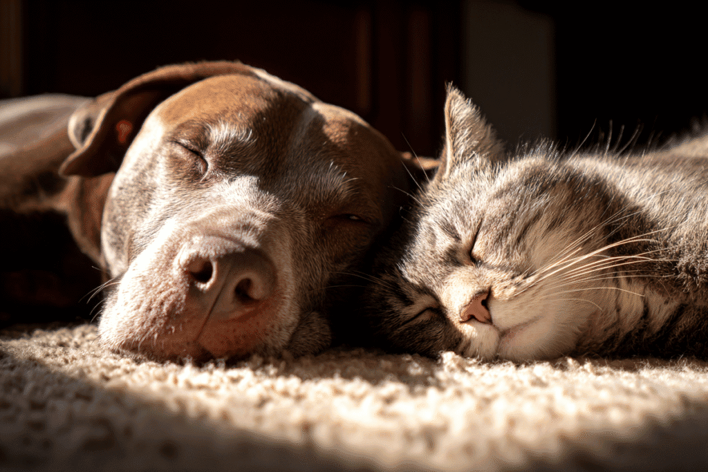 Cat and dog resting together after spay and neuter in san antonio texas