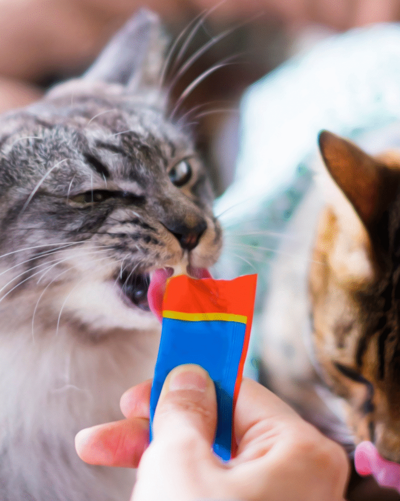 Cat eating from a puzzle feeder as part of daily cat enrichment to support mental stimulation and healthy feeding habits