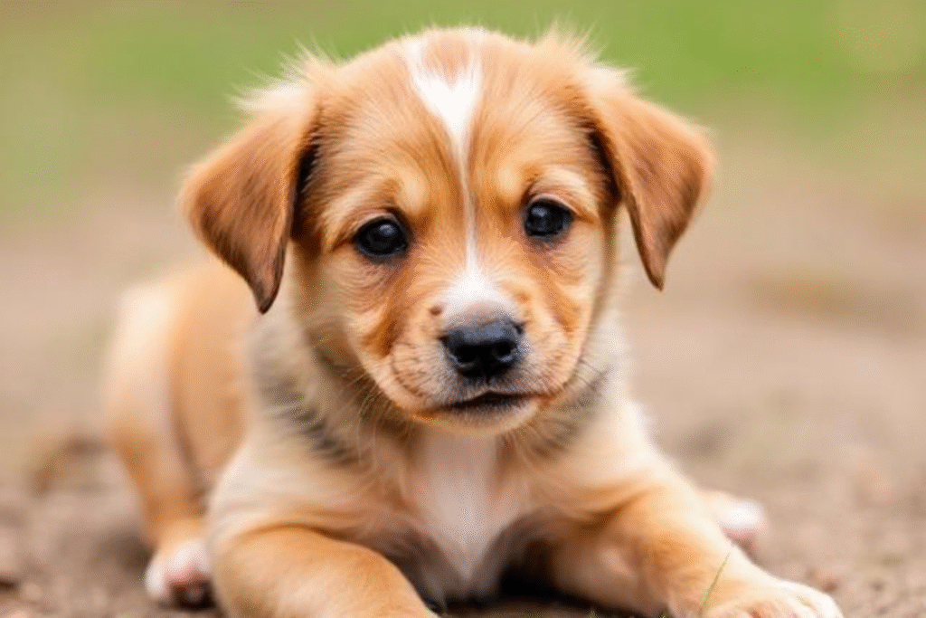 Young puppy lying down and looking alert, highlighting the importance of monitoring symptoms like dog vomiting blood in dogs of all ages