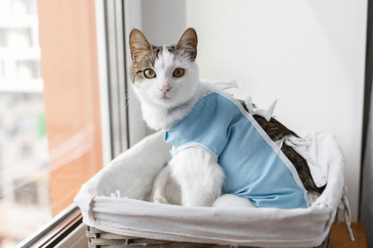 Cat resting in a recovery suit after surgery, showing the difference between spay and neuter in cats