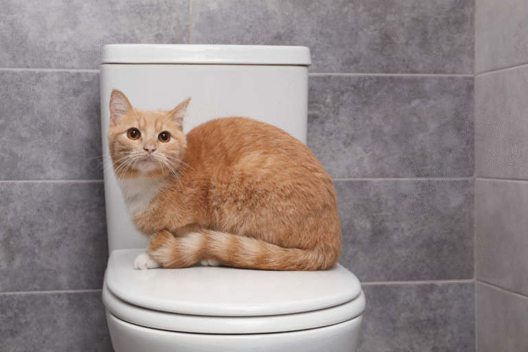 Cat sitting on a toilet, demonstrating why people question is toilet training bad for cats