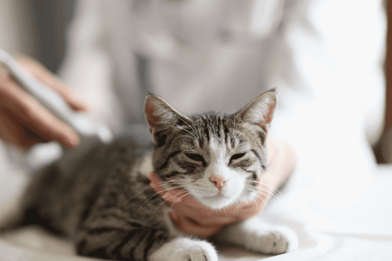 A tabby cat receiving a gentle examination from a veterinarian in a white coat during a checkup for kidney disease symptoms