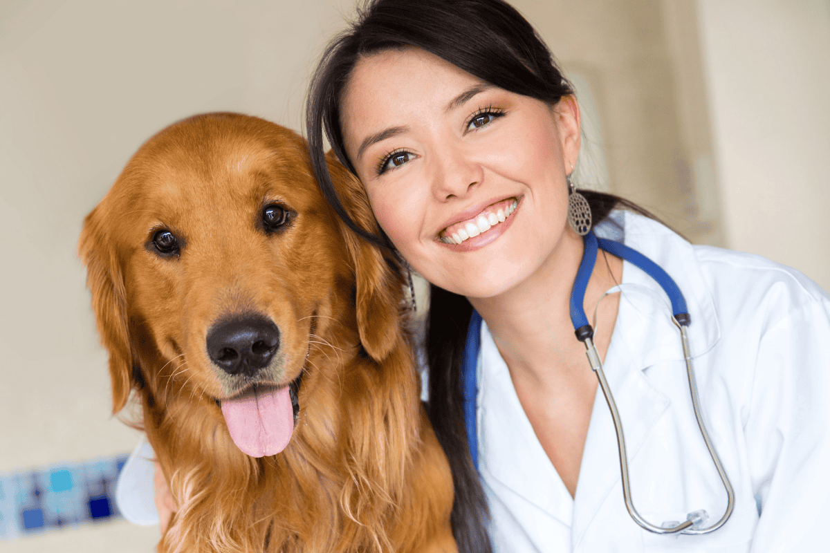 Female veterinarian in white coat smiling next to golden retriever with tongue out